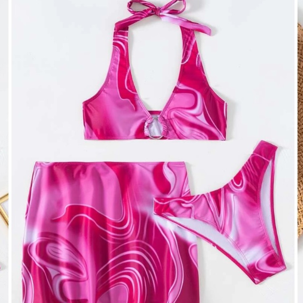 3 piece hot pink tie dye swirl bikini swimsuit & beach skirt size small - Picture 4 of 7
